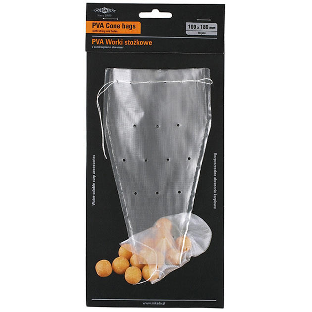 Арт.APV-BC115x200SH Пакеты ПВА 10шт.(конические, с затяжкой и отверстиями) 115х200мм "Mikado"