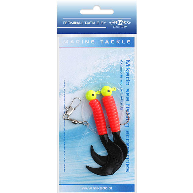 LS-A007-2X6Y-03 Система поводков "Mikado" на треску  PILK TWIST JIGHEAD RIG (2 x 6g,/7.5cm, крючки №1/0) красно-чёрный