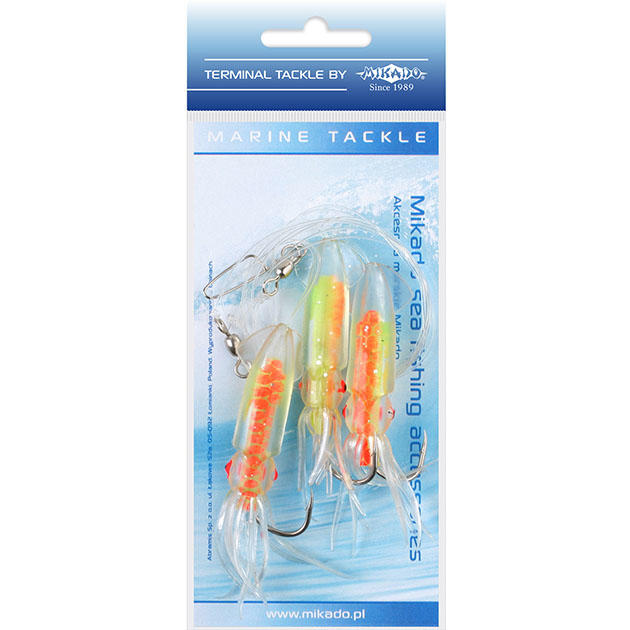 Арт.LS-C173 Поводки " Mikado " для морской рыбалки SQUID RIG (оранжево-салатовый кольмар 7,5cm)