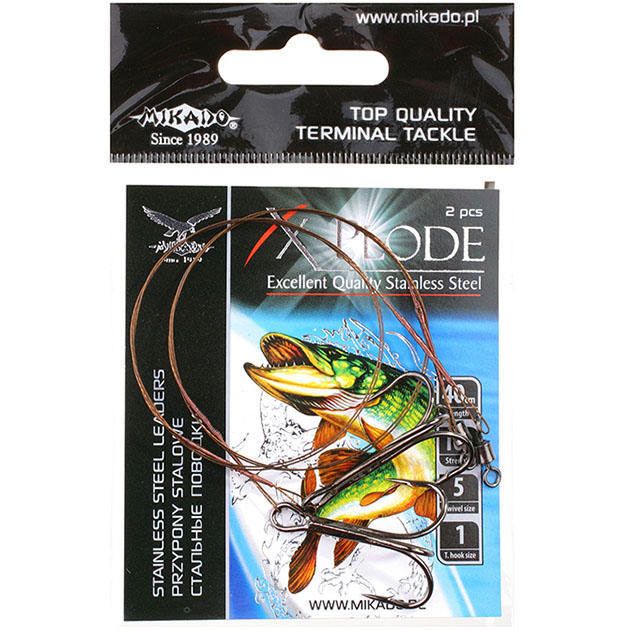 Арт.ZG11-013-60 Поводок X-Plode "Mikado" стальной с тройником №2,1,1/0 (уп.60 шт.) вертлюг №5, зелёный, 10кг / 15см,20см,25см