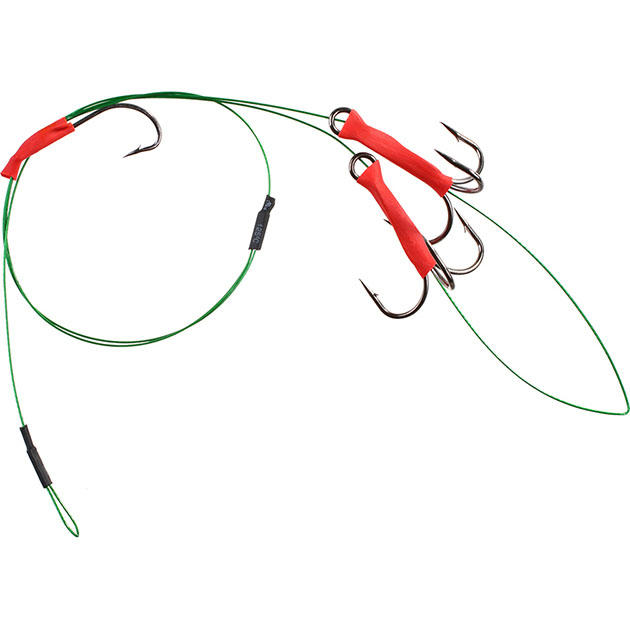 Арт.ZG11-021 Поводок X-Plode "Mikado" стальной комбинированный с 2-мя тройн. №1 и крюч. №2 (уп.2 шт.) зелёный, 10кг / 40 см