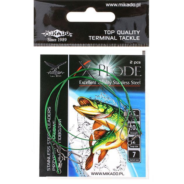 Арт.ZG11-033-30 Поводок X-Plode "Mikado" стальной многожил. (уп.30 шт.) застёжка №0, вертлюг №8, 5кг / 15см,20см,25см